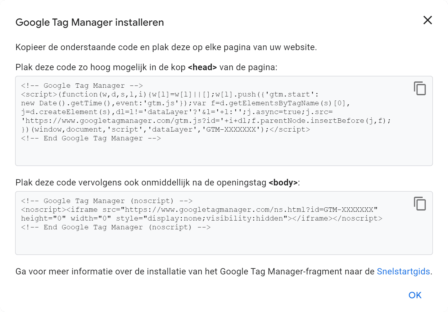 Google Tag Manager (GTM) installatie - 2.1 Code plek 1 - Pop-up (SP)