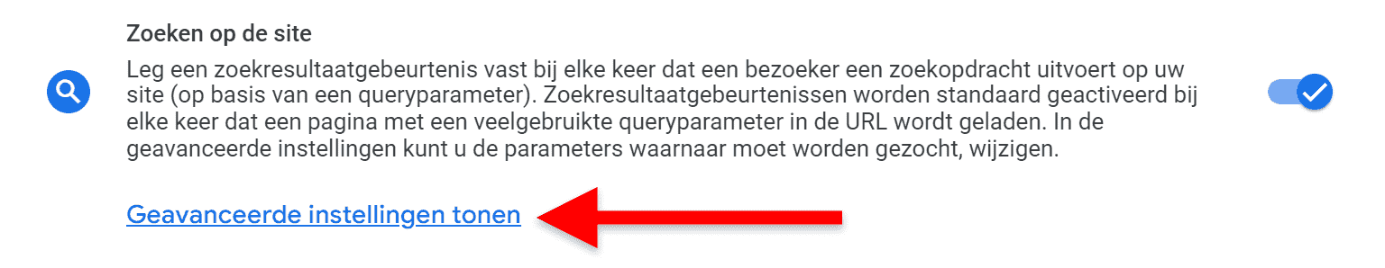 Google Tag Manager (GTM) installatie - 9.5 GA4 stream maken - Gegevensstream instellen - Zoeken op site met pijl (SP)
