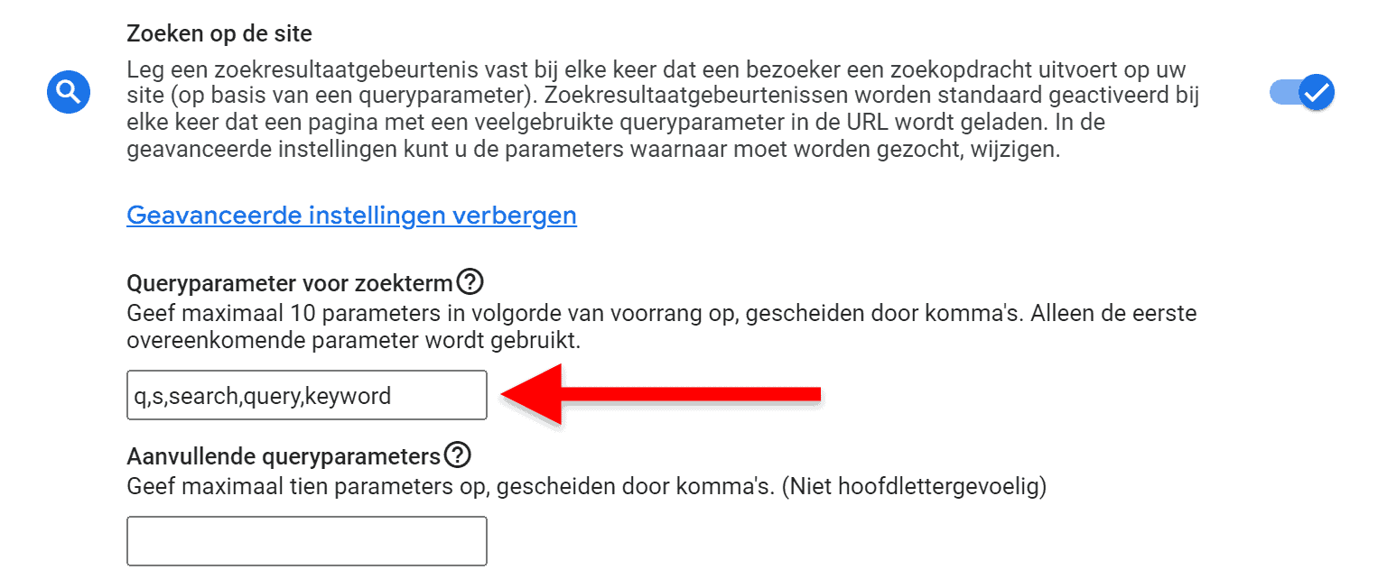 Google Tag Manager (GTM) installatie - 9.5.3.1 GA4 stream maken - Gegevensstream instellen - Zoeken op site met pijl (SP)