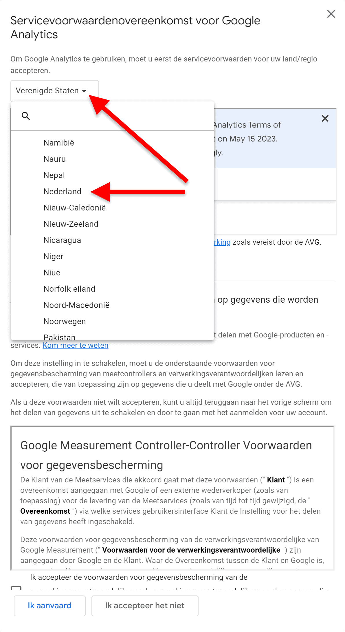 Google Analytics 4 (GA4) - 8.1 Servicevoorwaarden - land kiezen (png SP)