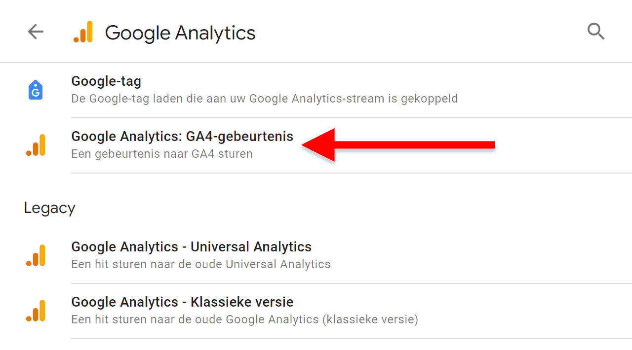 Google Tag Manager (GTM) installatie - 3.8.3.1.1 GA4 voor beginners - Events (deel 2) - Tag maken - Tag kiezen (SP)