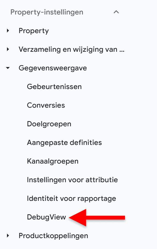 GA4 voor beginners - Events (deel 2) - 4.01.1 DebugView GA4 menu SP